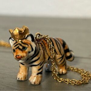 Porcelain Gold Crown Tiger Pendant Necklace - hand painted on 22” chain